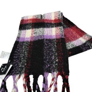 ECHO Wool Blend Scarf Black Plaid Reverse Floral Fringed NWT